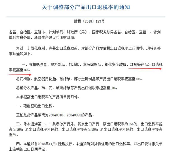 好消息：燈具出口退稅率提高至16%，11月1日起執(zhí)行